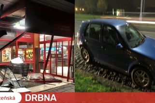 Po nezvládnutém driftování proletěl mladý motorista skleněným vestibulem prodejny, který zdemoloval