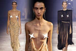 Přehlídka Mugler: Sukně zavěšená za piercingy v bradavkách nebo šaty z třásní