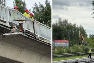 Rameno bagru narazilo do mostu na D11. Záběry ukazují, jak se zarylo do betonu - Novinky