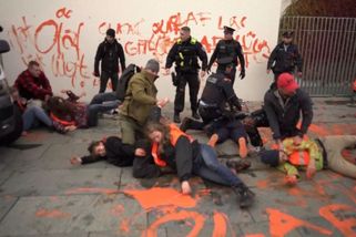 Policistovi v civilu ruply v Berlíně nervy. Klimatické extremistce potřel obličej její barvou - Novinky