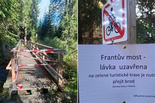 Frantův most na Šumavě je uzavřen kvůli havarijnímu stavu. Turisté se musí brodit
